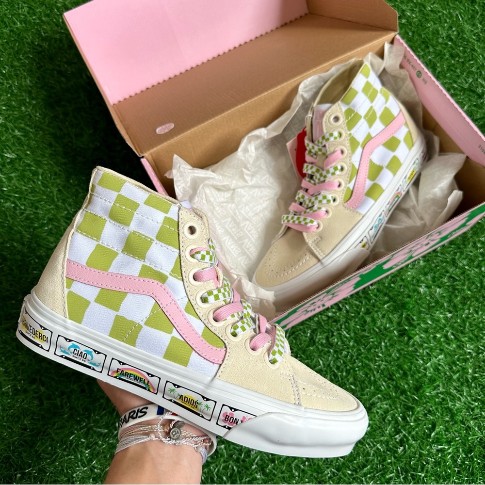🛹 VANS Checkerboard High-Top Sneakers Em On Holiday in Lime Green, Pink, Cream